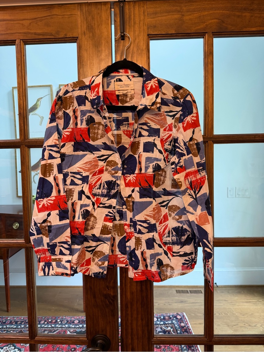 Abstract Print Button-Up Shirt in Red, Blue, Tan
